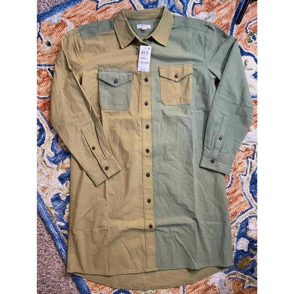 BNWT Shop Style Green 2 Tone Color Block Patchwork Button Shirt Dress S